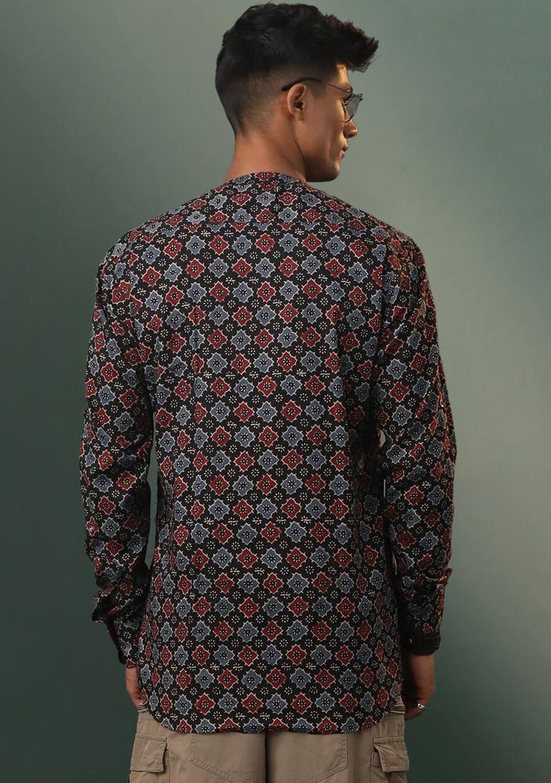 Black Geometric Print Poly Blend Kurta For Men
