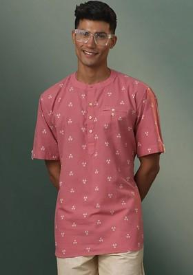Pink Embroidered Poly Blend Kurta For Men