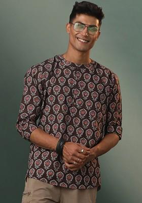 Coffee Brown Geometric Print Poly Blend Kurta For Men