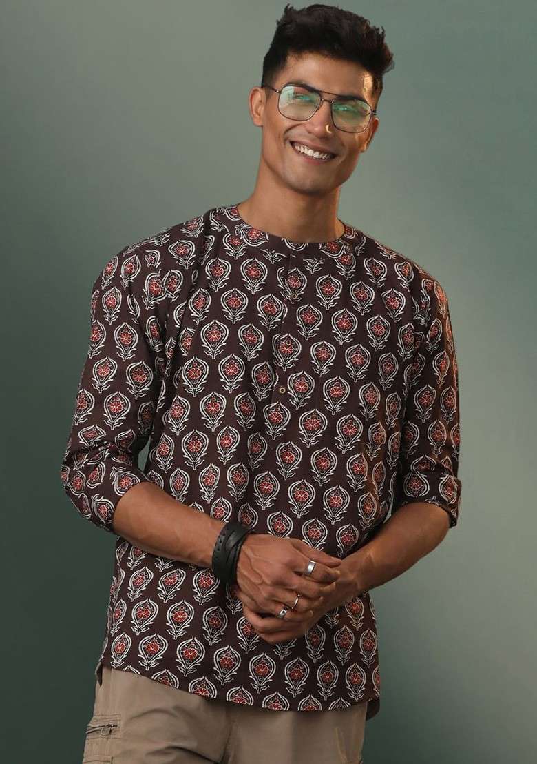 Coffee Brown Geometric Print Poly Blend Kurta For Men - Indya