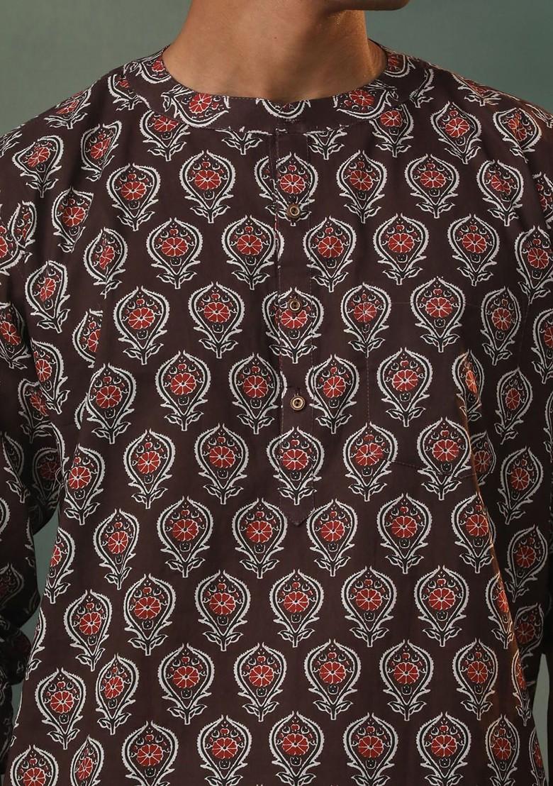 Coffee Brown Geometric Print Poly Blend Kurta For Men