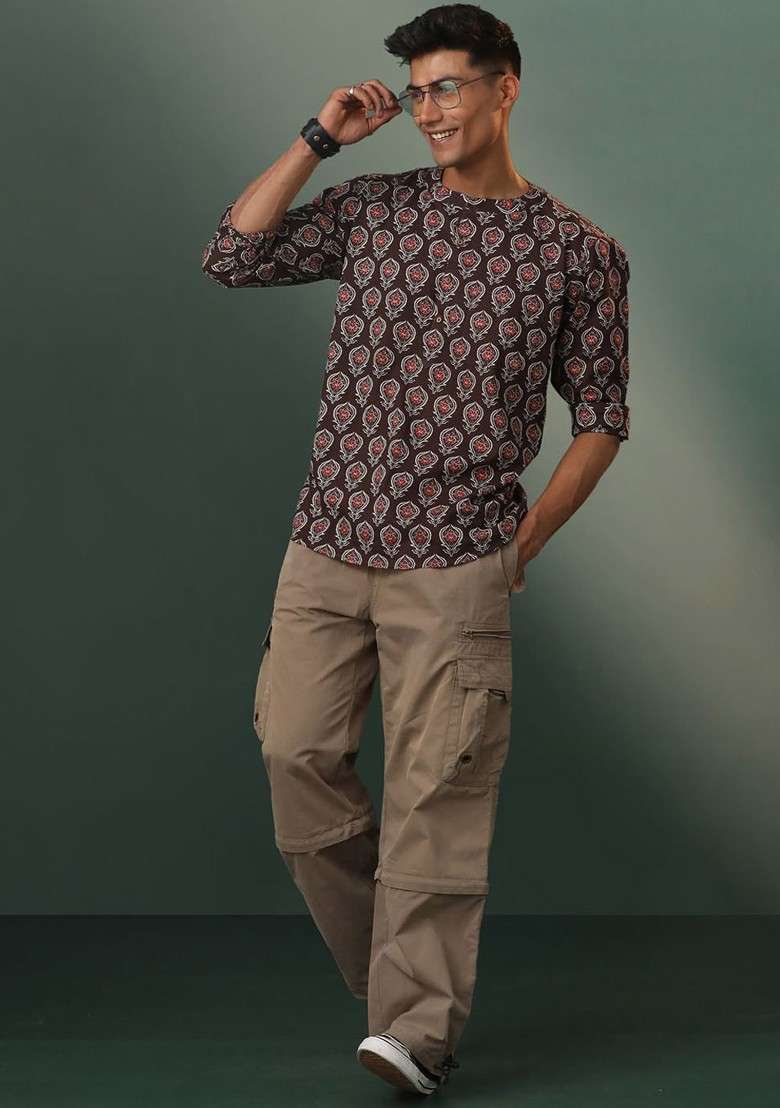 Coffee Brown Geometric Print Poly Blend Kurta For Men - Indya