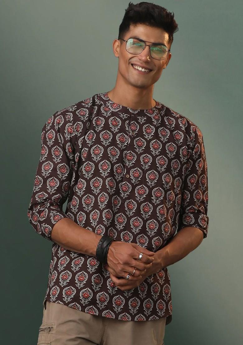Coffee Brown Geometric Print Poly Blend Kurta For Men