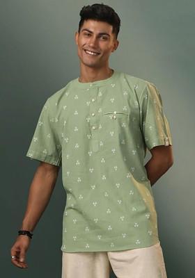 Green Geometric Print Poly Blend Kurta For Men