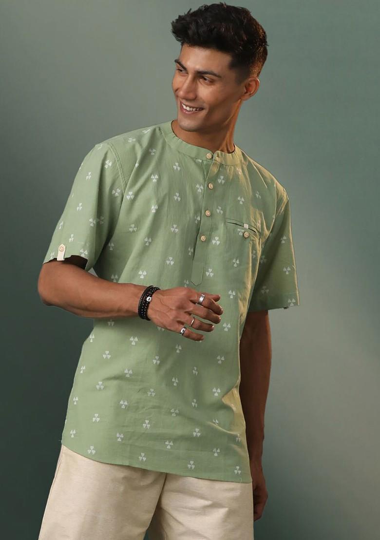 Green Geometric Print Poly Blend Kurta For Men