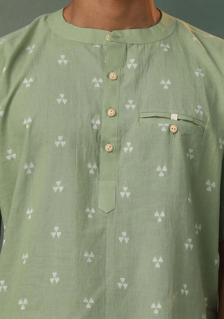 Green Geometric Print Poly Blend Kurta For Men