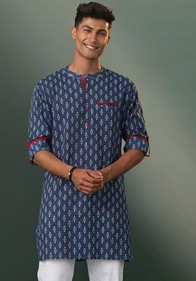 Navy Blue Ethnic Motifs Poly Blend Kurta For Men