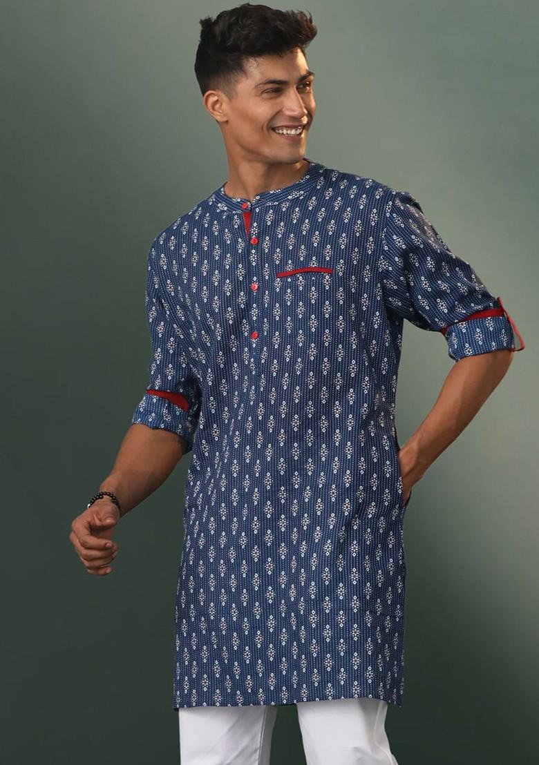Navy Blue Ethnic Motifs Poly Blend Kurta For Men