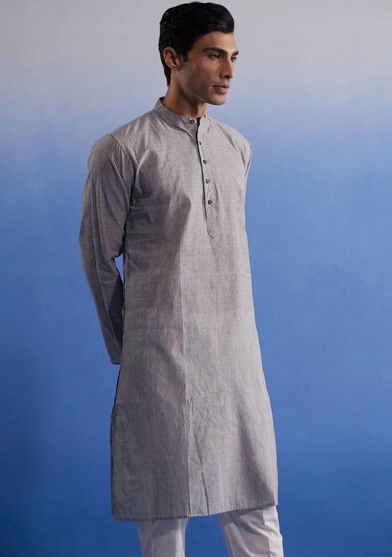 Grey Solid Cotton Kurta For Men