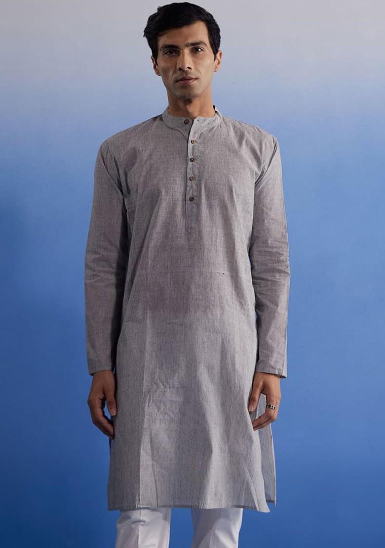 Grey Solid Cotton Kurta For Men