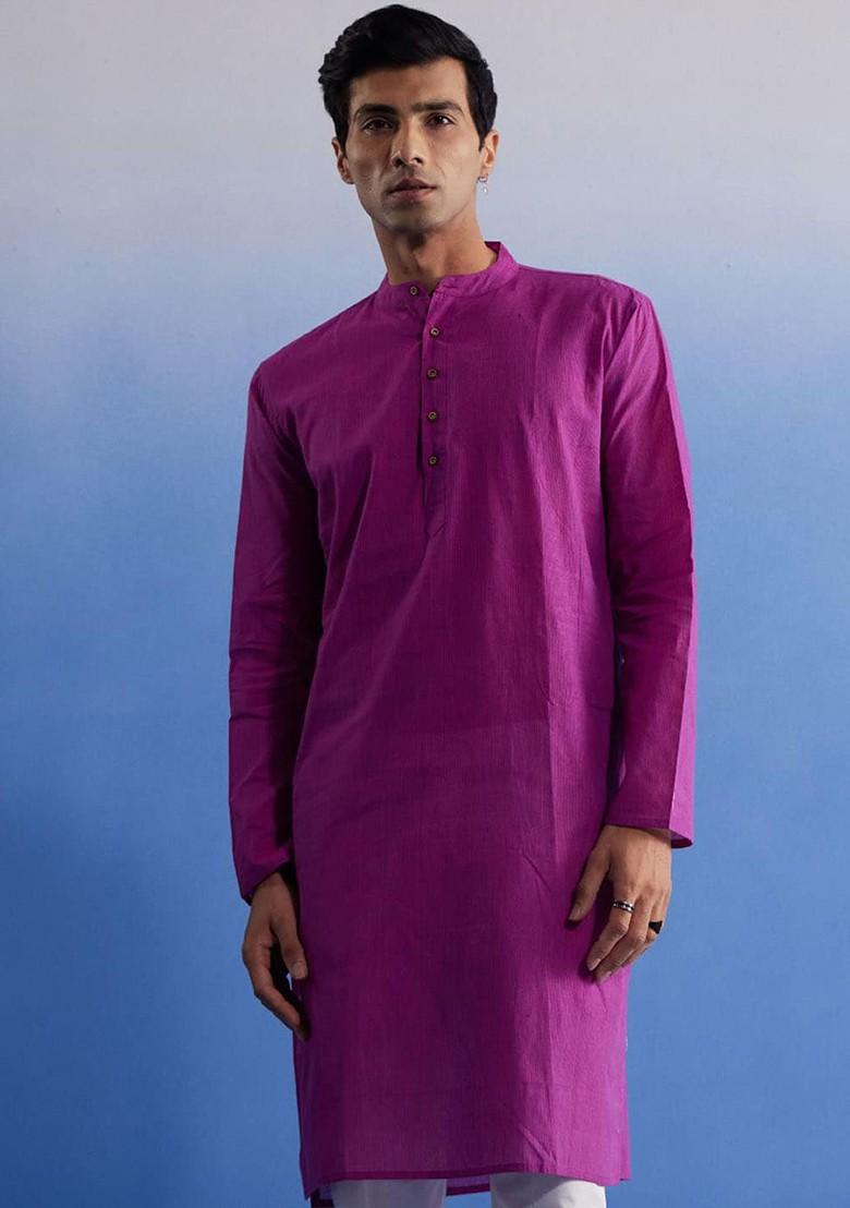Purple Solid Cotton Kurta For Men
