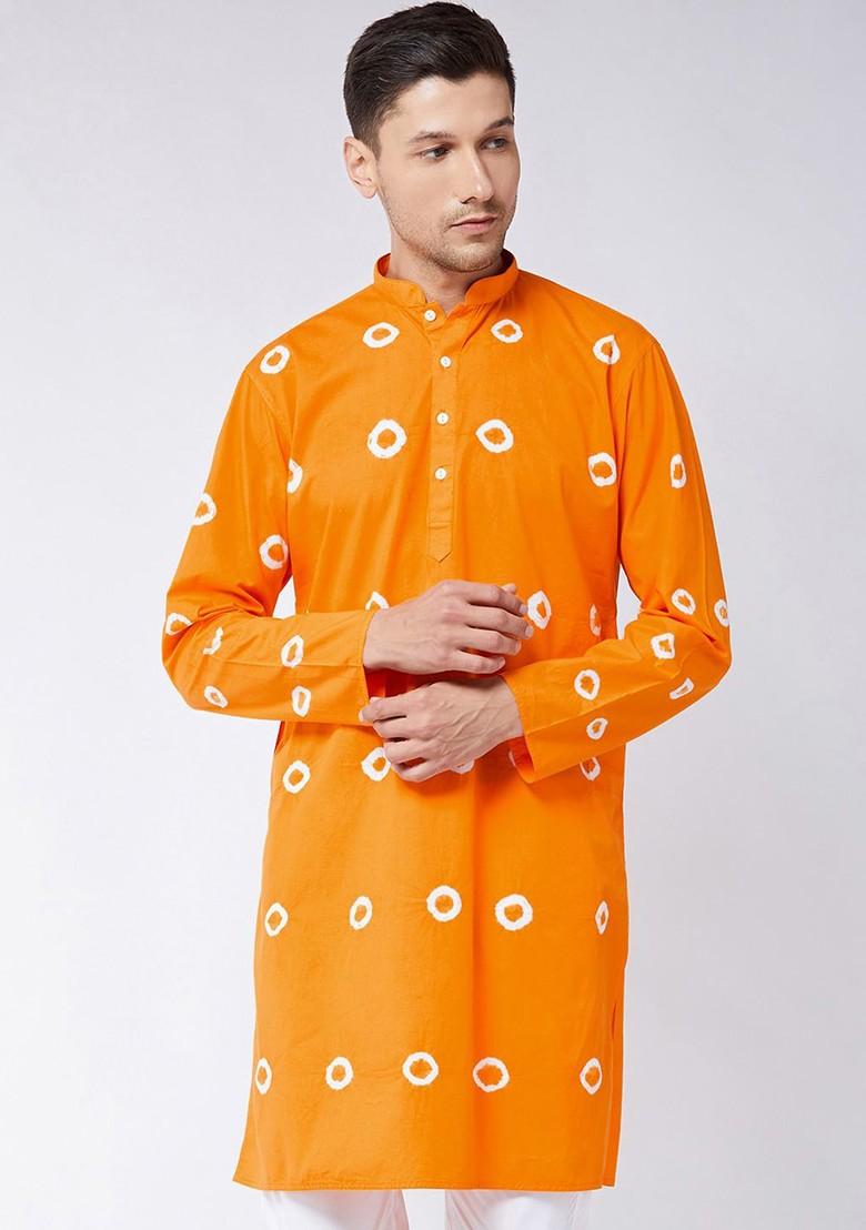 Orange Tie And Dye Cotton Kurta For Men