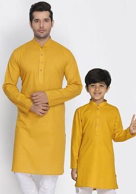 Mustard Solid Cotton Kurta For Men