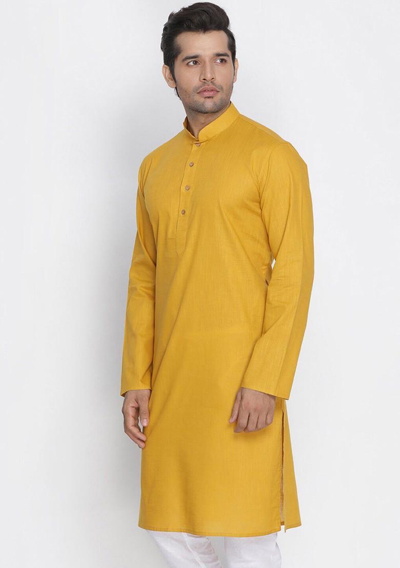 Mustard Solid Cotton Kurta For Men