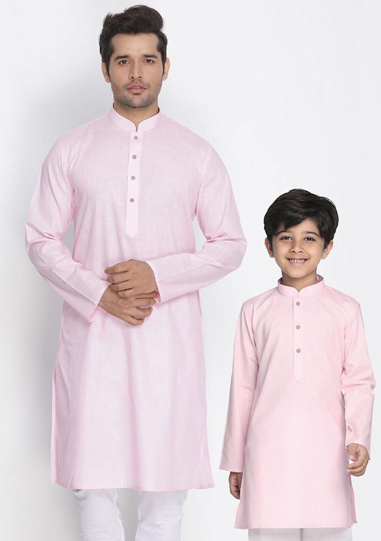 Pink Solid Cotton Kurta For Men
