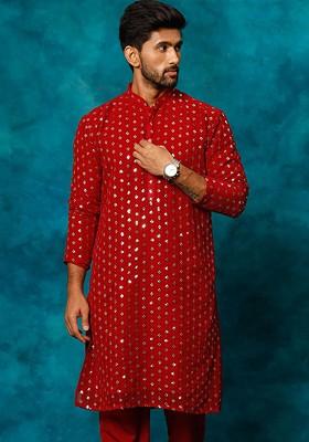 Maroon Embroidered Poly Blend Kurta For Men