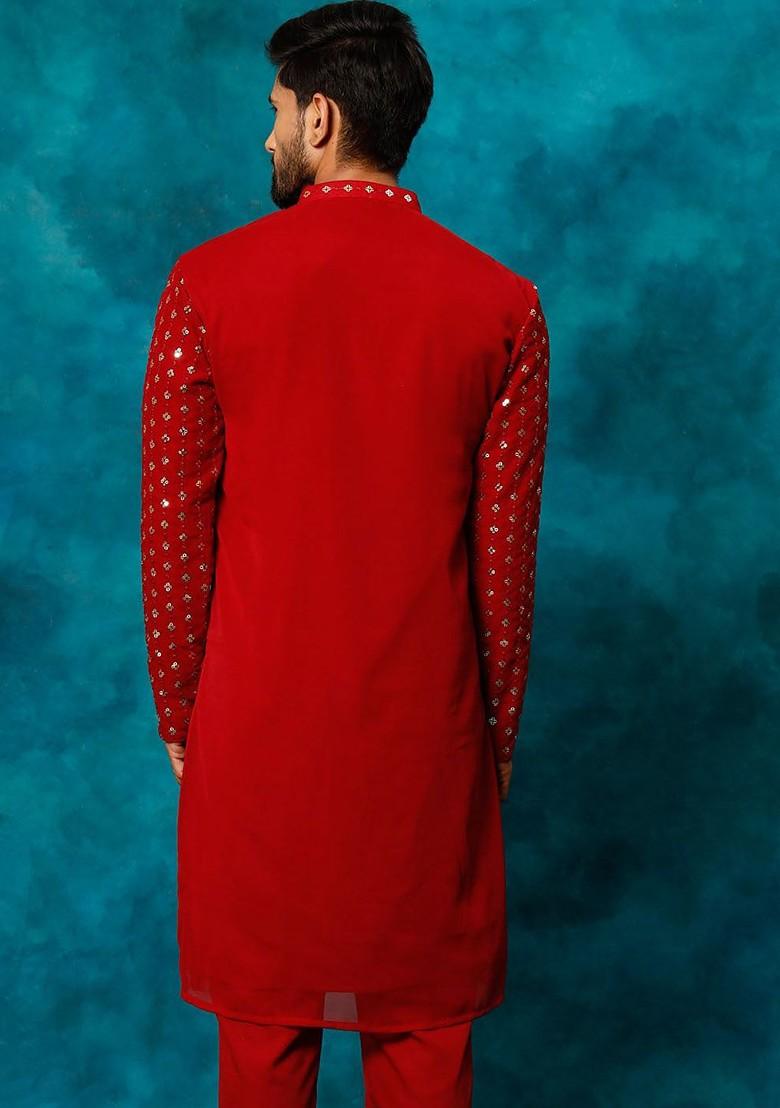 Maroon Embroidered Poly Blend Kurta For Men