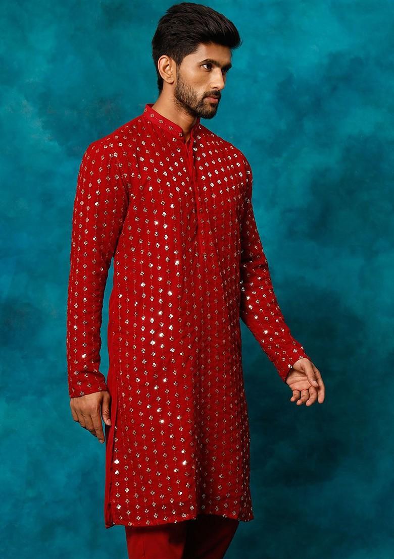 Maroon Embroidered Poly Blend Kurta For Men
