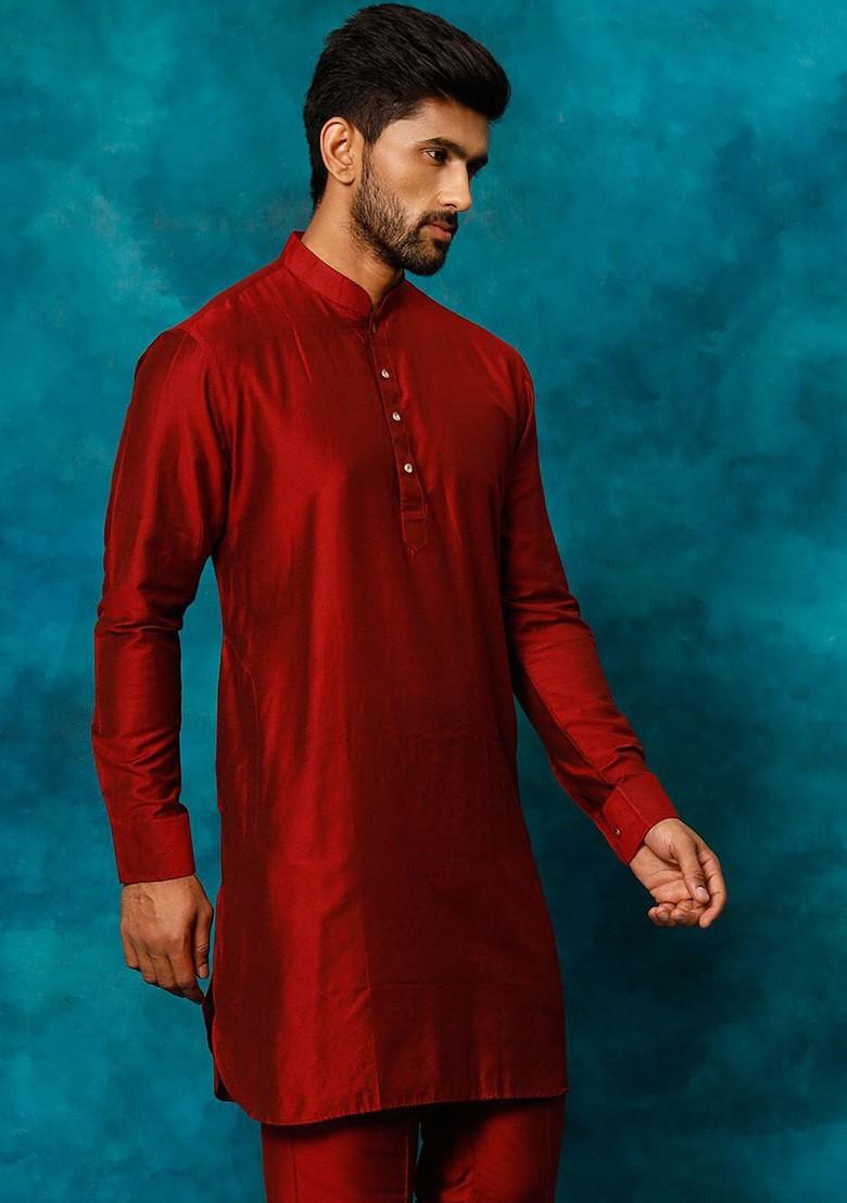Maroon Solid Poly Blend Kurta For Men