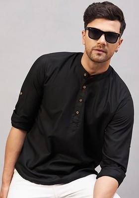 Black Solid Cotton Kurta For Men