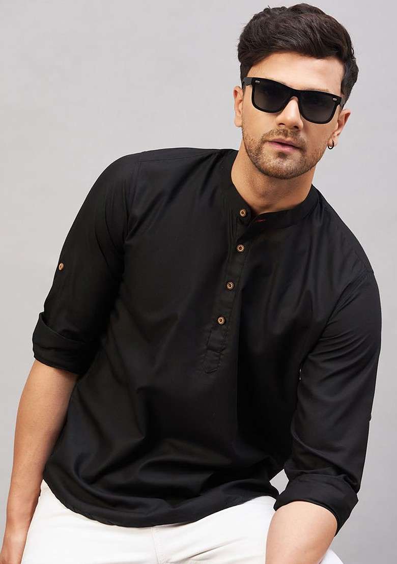 Black Solid Cotton Kurta For Men - Indya