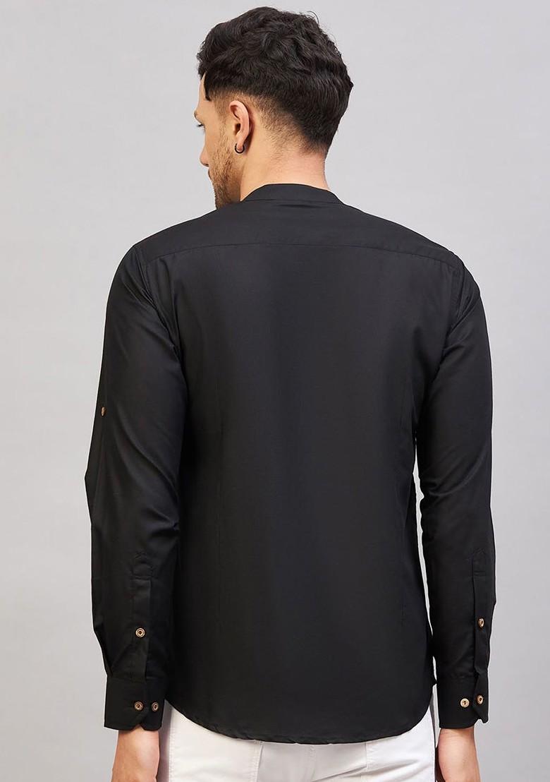 Black Solid Cotton Kurta For Men