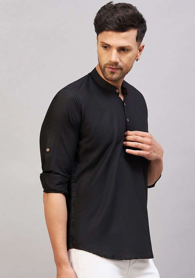 Black Solid Cotton Kurta For Men - Indya