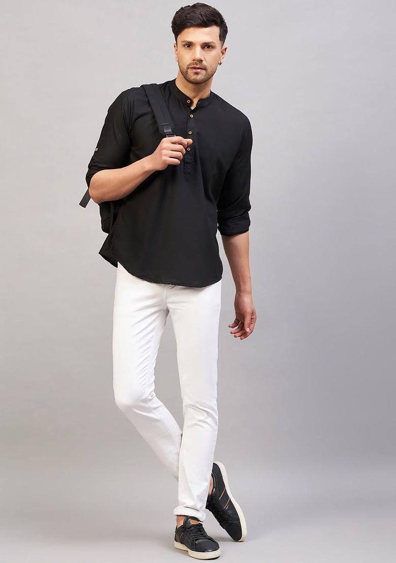 Black Solid Cotton Kurta For Men