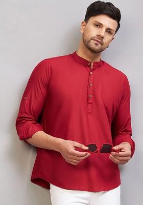 Maroon Solid Cotton Kurta For Men