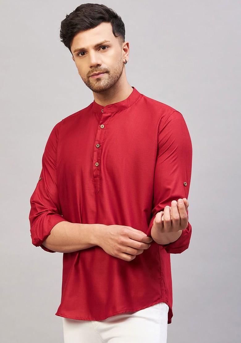 Maroon Solid Cotton Kurta For Men