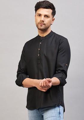Black Solid Cotton Kurta For Men