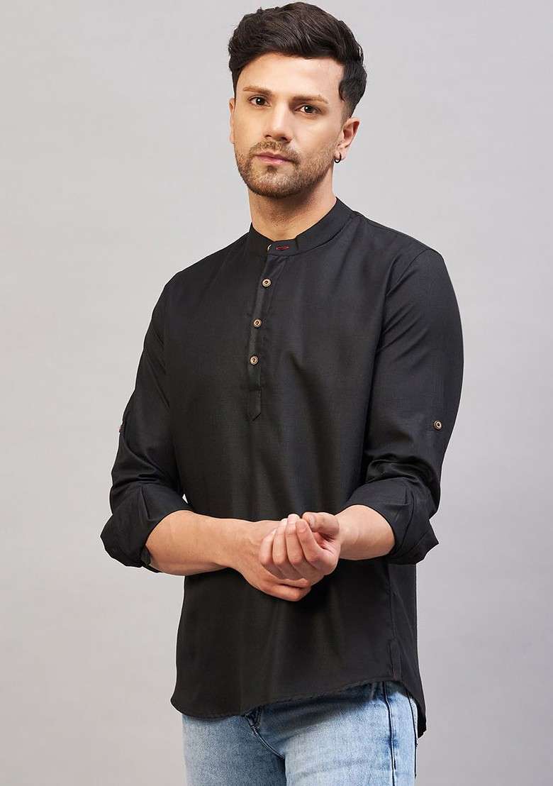 Black Solid Cotton Kurta For Men - Indya