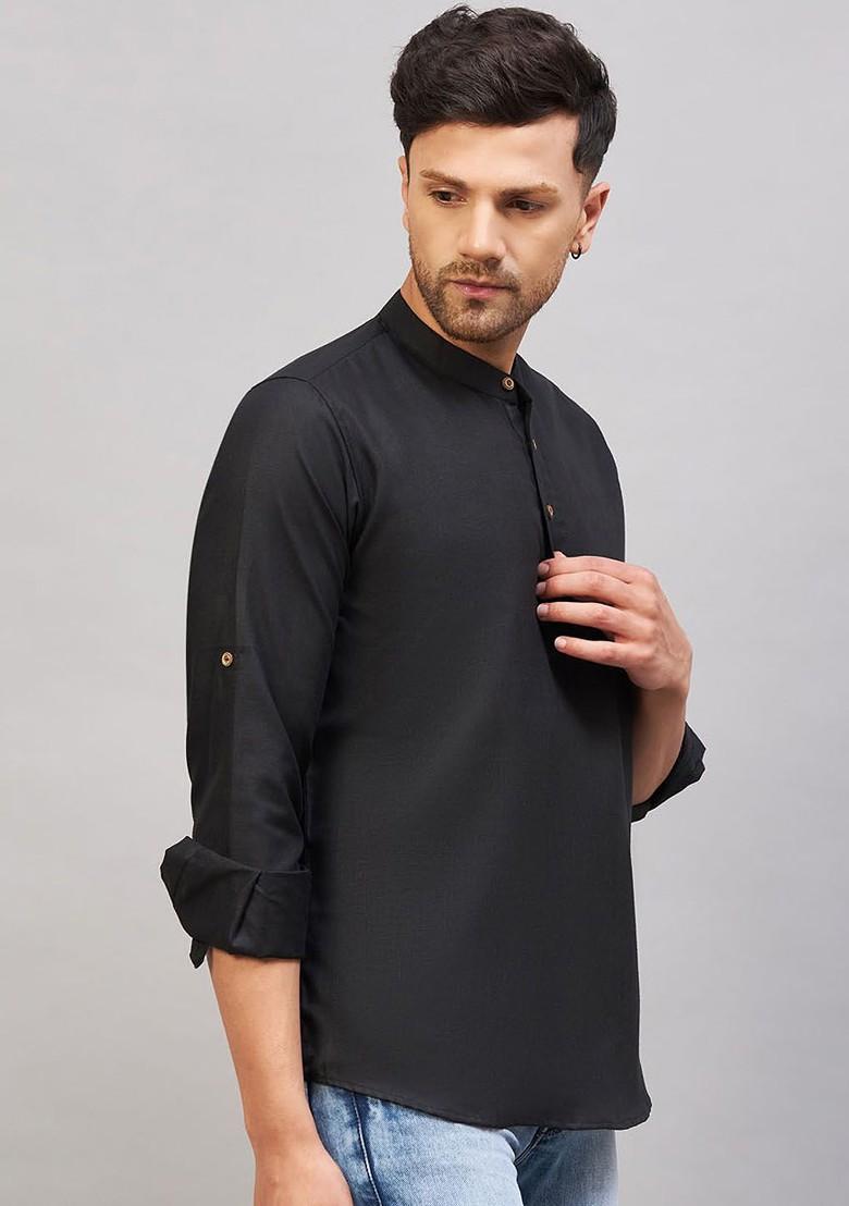 Black Solid Cotton Kurta For Men