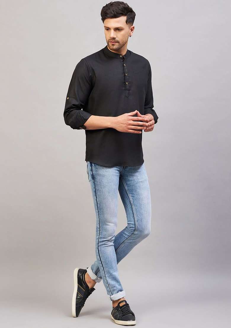 Black Solid Cotton Kurta For Men - Indya