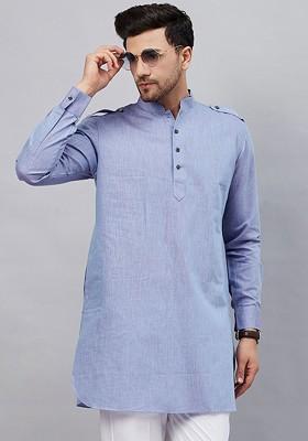 Blue Woven Cotton Kurta For Men