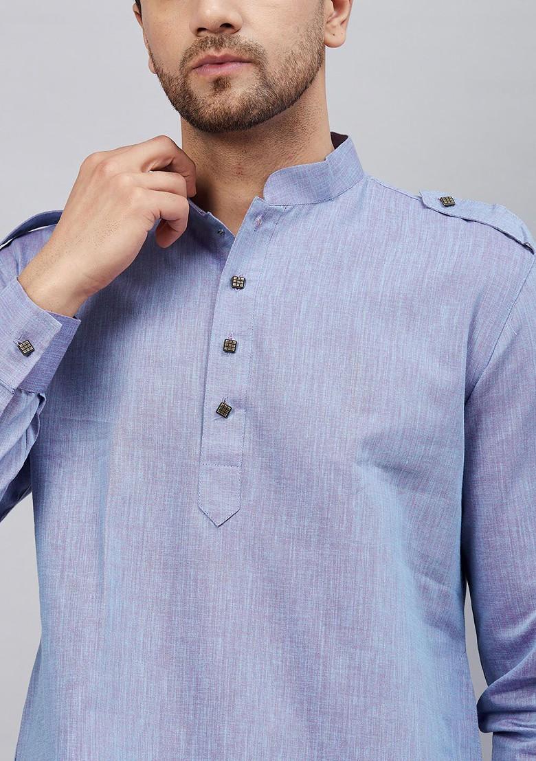 Blue Woven Cotton Kurta For Men