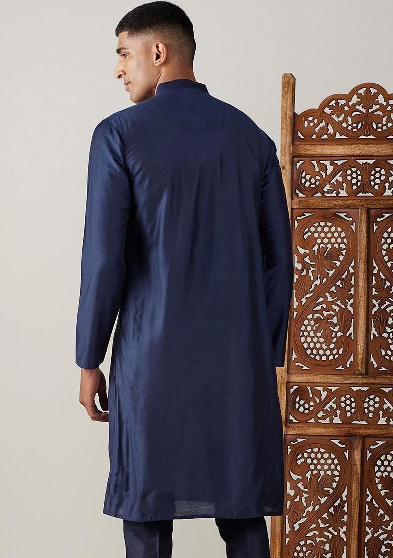 Navy Blue Solid Poly Blend Kurta For Men