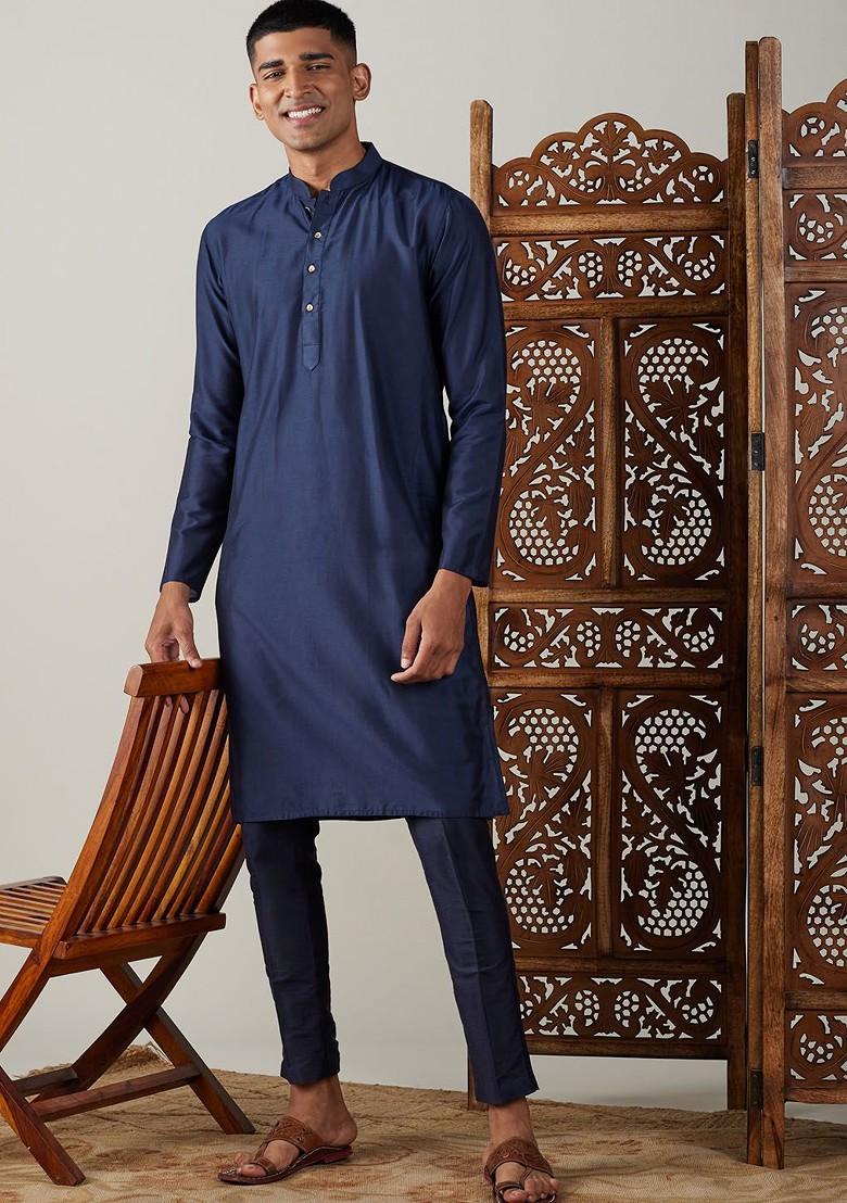 Navy Blue Solid Poly Blend Kurta For Men