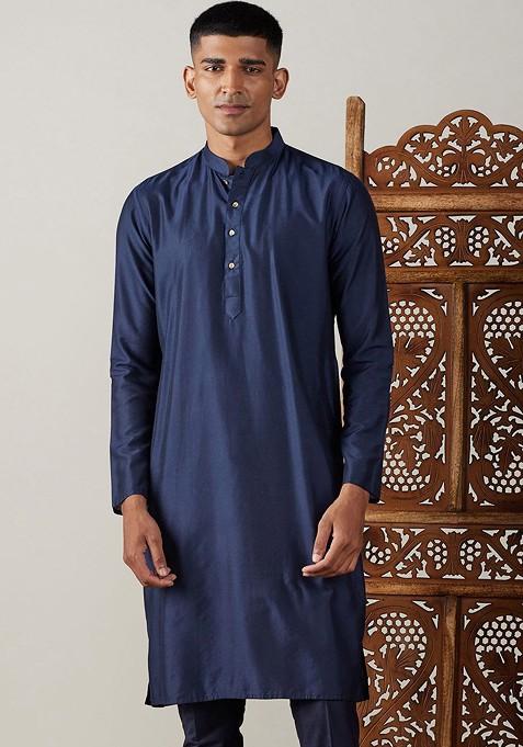 Navy Blue Solid Poly Blend Kurta For Men — view on Indya