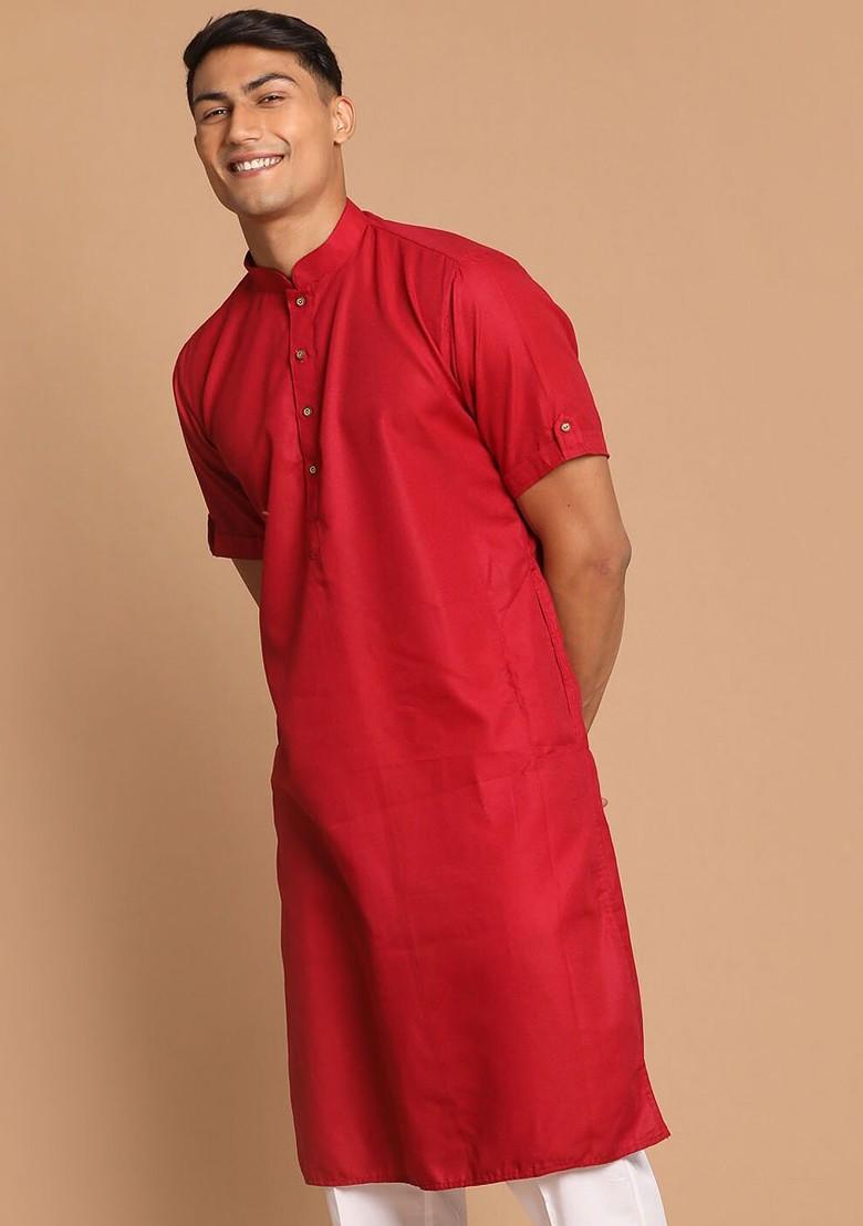 Maroon Solid Cotton Kurta For Men