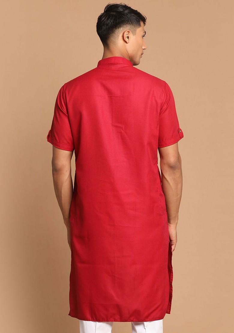 Maroon Solid Cotton Kurta For Men