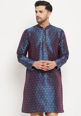 Blue Ethnic Motifs Silk Kurta For Men