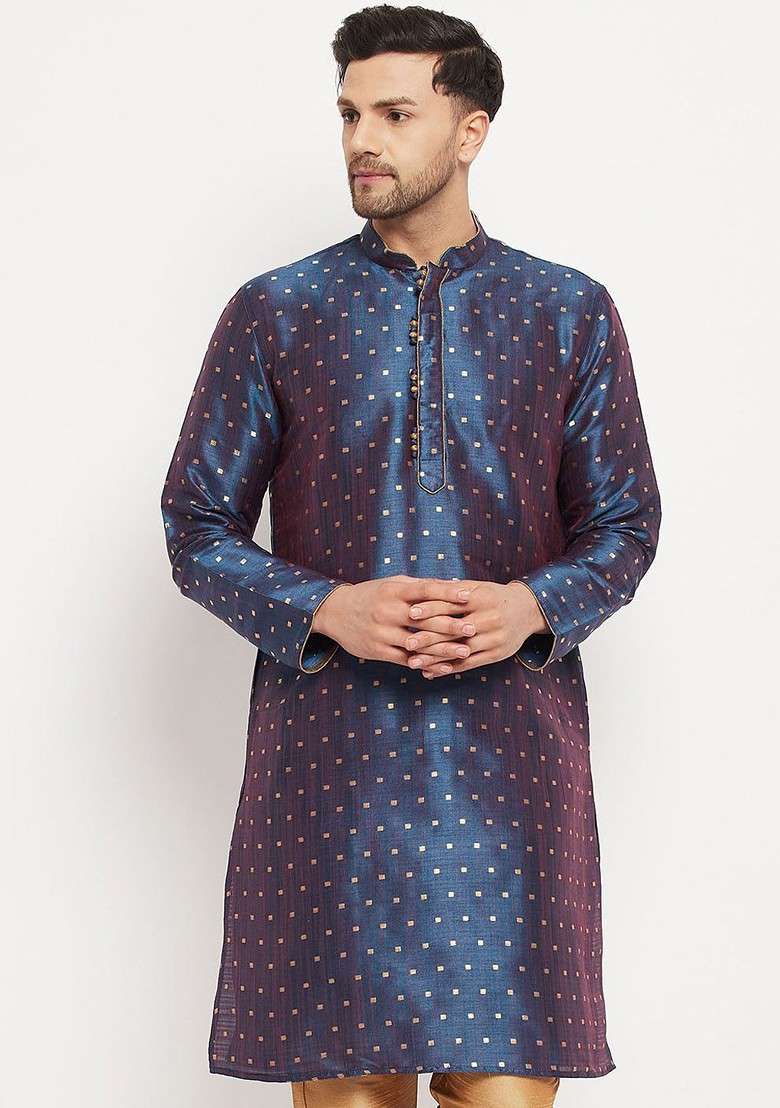 Blue Ethnic Motifs Silk Blend Kurta For Men - Indya