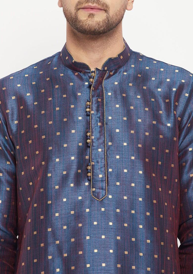 Blue Ethnic Motifs Silk Kurta For Men