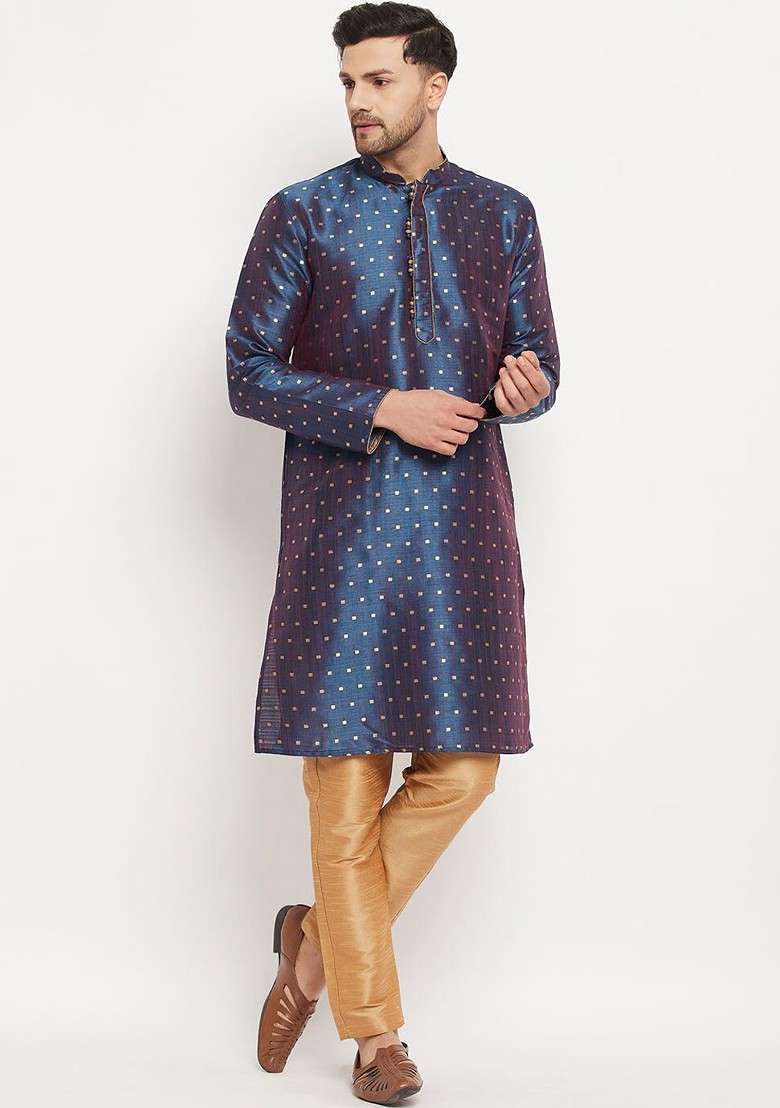 Blue Ethnic Motifs Silk Blend Kurta For Men - Indya