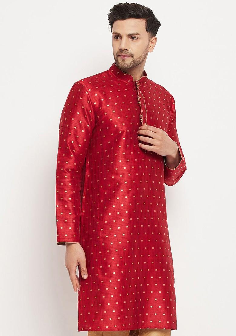 Maroon Ethnic Motifs Jacquard Kurta For Men