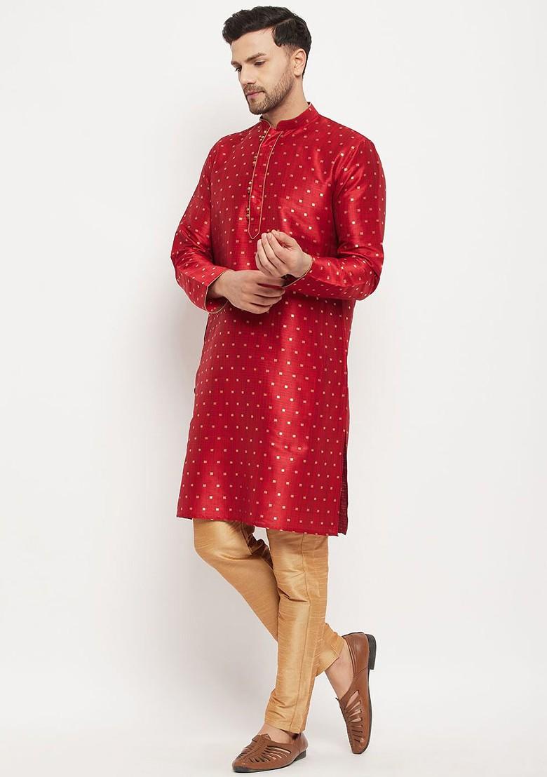 Maroon Ethnic Motifs Jacquard Kurta For Men