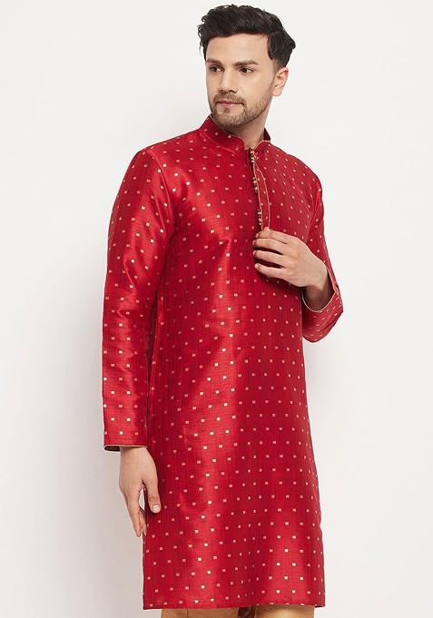 Maroon Ethnic Motifs Jacquard Kurta For Men