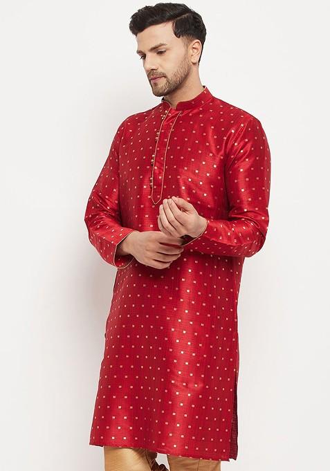Maroon Ethnic Motifs Jacquard Kurta For Men