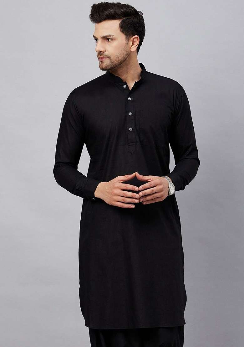 Black Solid Cotton Kurta For Men - Indya